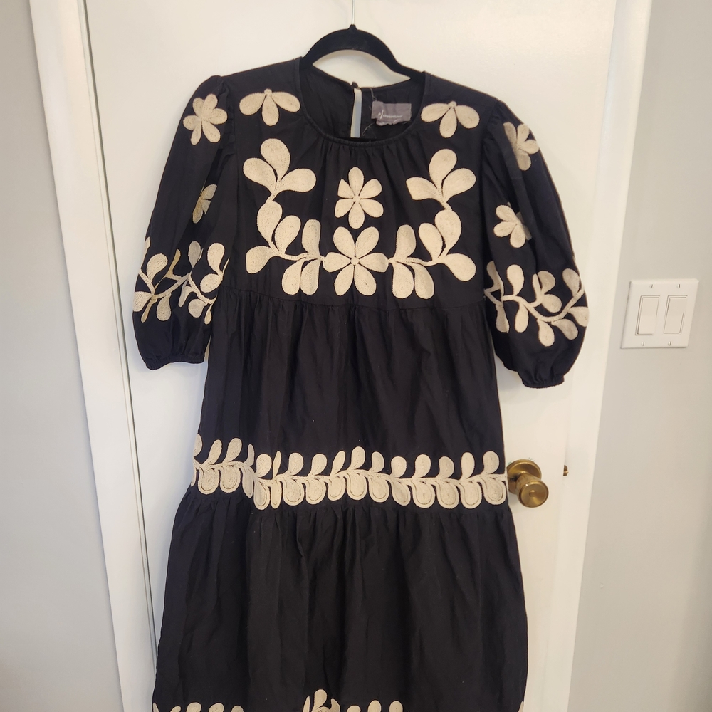 Anthropologie Black Dress with Cream Embroidery